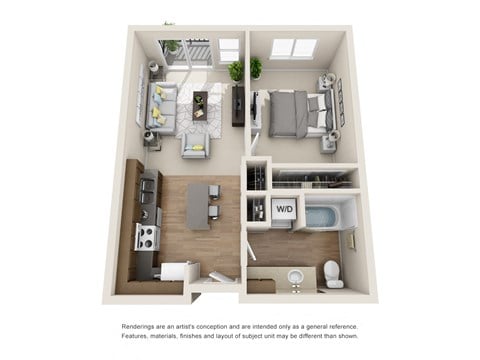 Floor plan for 1 bed, 1 bath, 581 sqft